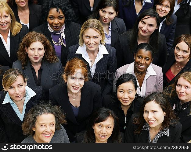Group of business women looking up, portrait, elevated view, close up