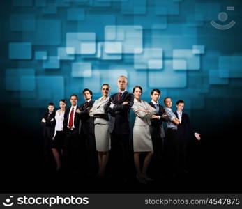 Group of businesspeople. Image of business team standing in line. Cooperation and interaction