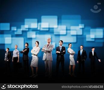 Group of businesspeople. Image of business team standing in line. Cooperation and interaction