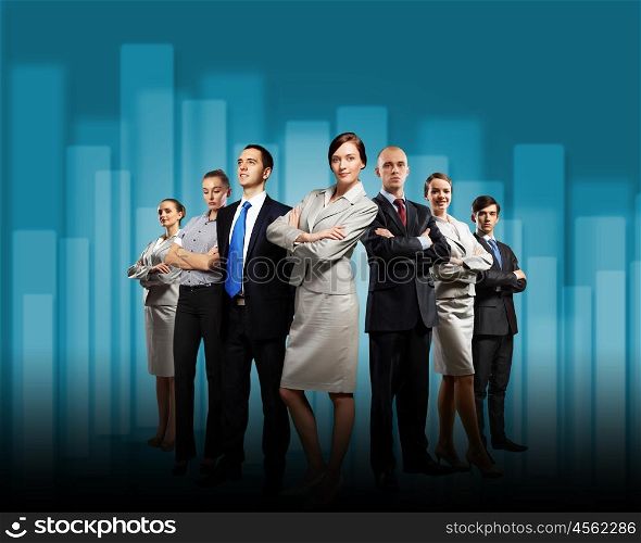 Group of businesspeople. Image of business team standing in line. Cooperation and interaction