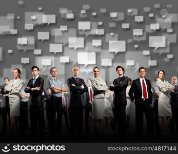 Group of businesspeople. Image of business team standing in line. Cooperation and interaction