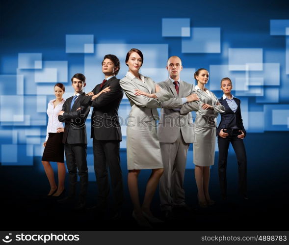 Group of businesspeople. Image of business team standing in line. Cooperation and interaction