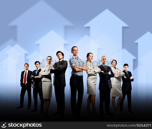 Group of businesspeople. Image of business team standing in line. Cooperation and interaction