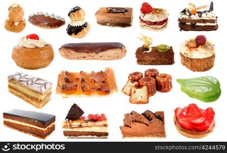 group of cakes in front of white background
