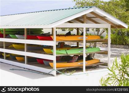 Group of canoes in a stand, Dixon Cove, Roatan, Bay Islands, Honduras