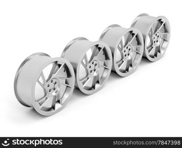 Group of car alloy rims on white background