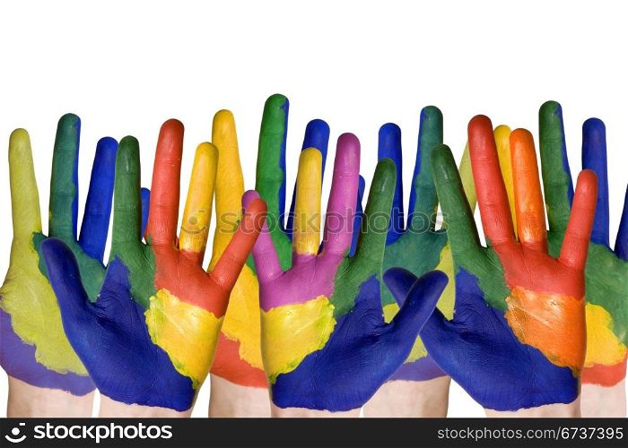 group of child hands painted in colorful paints