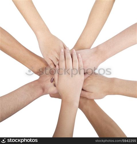 Group of Chinese friends with hands in circle