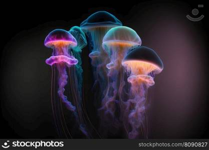 Group of clear glowing neon color light jelly fish in deep dark water. Neural network AI generated art. Group of clear glowing neon color light jelly fish in deep dark water. Neural network generated art
