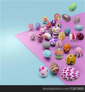 Group of colorful easter eggs levitate and place on color paper with empty space. 3D illustration.