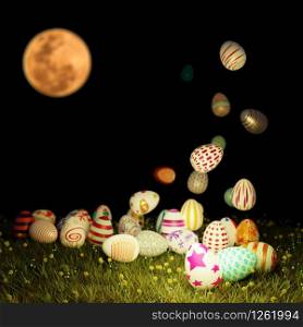 Group of colorful easter eggs levitate and place on grass with defocus of fullmoon on black backgrpund. 3D illustration.