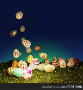 Group of colorful easter eggs levitate and place on green grass with star on green with blue background. 3D illustration.