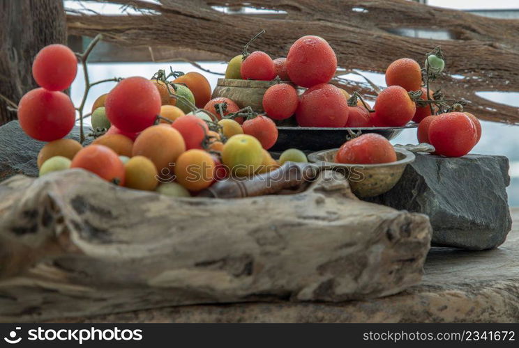 Group of Colorful variety of Fresh wild tomatoes (Mini Cherry Tomatos) on old wooden board background. Selective focus.