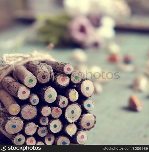 Group of coloured pencil, colouful crayon background from wooden, many circle in multi color make amazing background