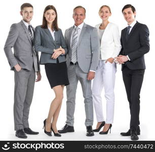 Group of confident smiling business people standing together in a row, isolated on white background. Group of business people