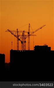 Group of construction cranes at sunset, silhouette against orange sky