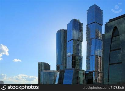 Group of contemporary office buildings in Moscow City District.