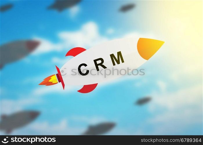 group of CRM or Customer relationship management flat design rocket with blurred background and soft light effect