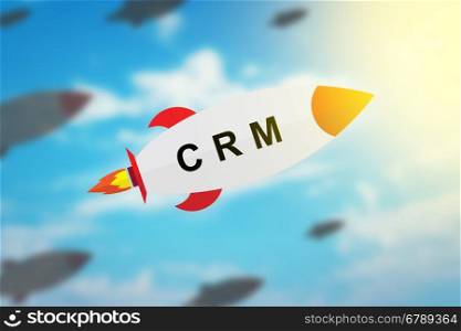 group of CRM or Customer relationship management flat design rocket with blurred background and soft light effect