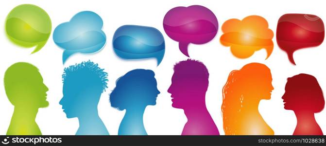 Group of diverse people silhouette profile talking. Speech bubble. Social network. Talk in the community. Concept communication. Inform. Friends chatting. Networking. Rainbow colors