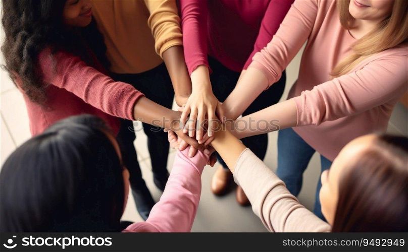Group of diverse women put their hands together empowering