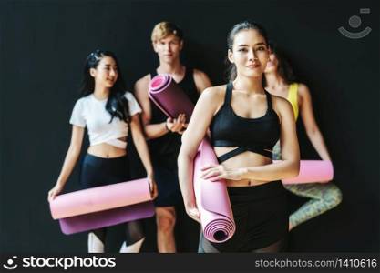 Group of diversity sporty people standing and talking with happiness motion, wearing sportswear bra and pants fashion, posture position, sport club community, sports and healthcare concept