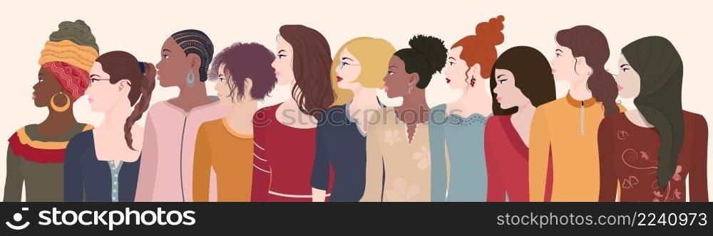 Group of diversity women and girls.Portrait silhouette profile of multicultural and multiethnic women.Female social network community.Racial equality. Allyship. Empowerment. Colleagues. Team