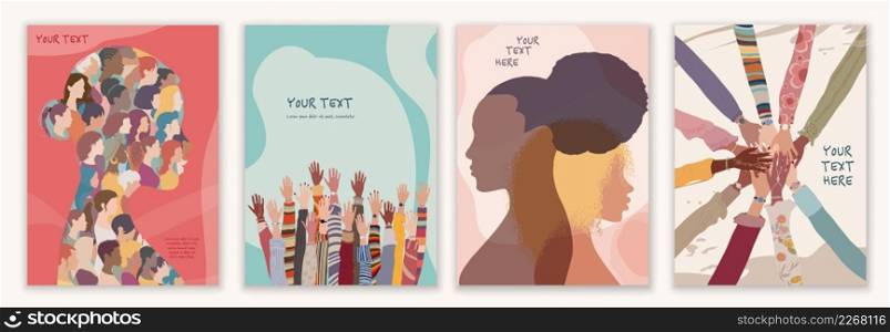 Group of diversity women and girls. Silhouette profile of multicultural women.Female social network community. Racial equality. Allyship. Empowerment. Brochure - poster -editable template