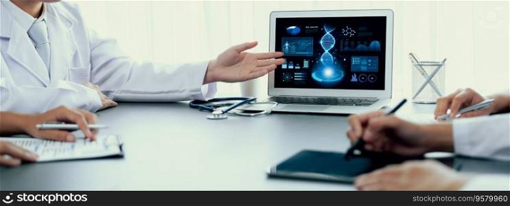 Group of doctor or researcher studying genetic disease in DNA with laptop, analyze genetic data, formulate medical treatment strategies, and develop healthcare plan with innovative solution. Neoteric. Doctor studying genetic disease in DNA research with laptop. Neoteric