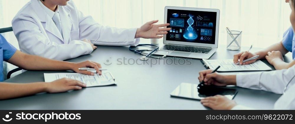 Group of doctor or researcher studying genetic disease in DNA with laptop, analyze genetic data, formulate medical treatment strategies, and develop healthcare plan with innovative solution. Neoteric. Doctor studying genetic disease in DNA research with laptop. Neoteric