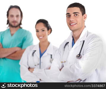 Group of doctors smiling at the camera over white background