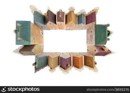 Group of Dutch canal houses from above with an oblong rectangular shaped open courtyard an from a wide angle perspective