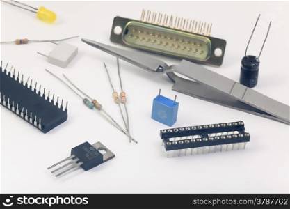 Group of electronic components in black background