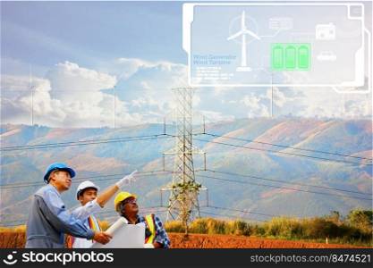 group of engineer working at wind turbine plant site with futuristic technology icon , green power concept