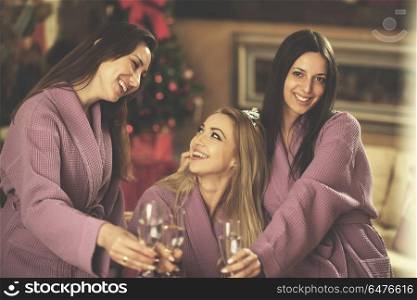 group of famale friends in spa have fun, celebrate bachelorette party. bachelorette party