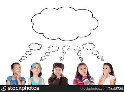 Group of five children thinking a over white background
