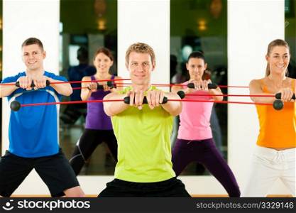 Group of five people exercising with flexi bar to strengthen the intrinsic muscles in gym or fitness club
