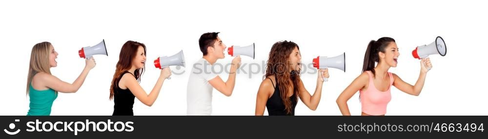 Group of five young with megaphones isolated on a white background