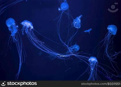 Group of fluorescent jellyfish swim underwater in aquarium pool with blue neon light. The Atlantic sea nettle chrysaora quinquecirrha in blue water, ocean. Theriology, tourism, diving, undersea life.