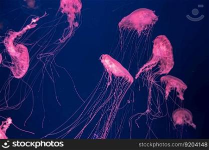 Group of fluorescent jellyfish swim underwater in aquarium pool with pink neon light. The Atlantic sea nettle chrysaora quinquecirrha in blue water, ocean. Theriology, tourism, diving, undersea life.