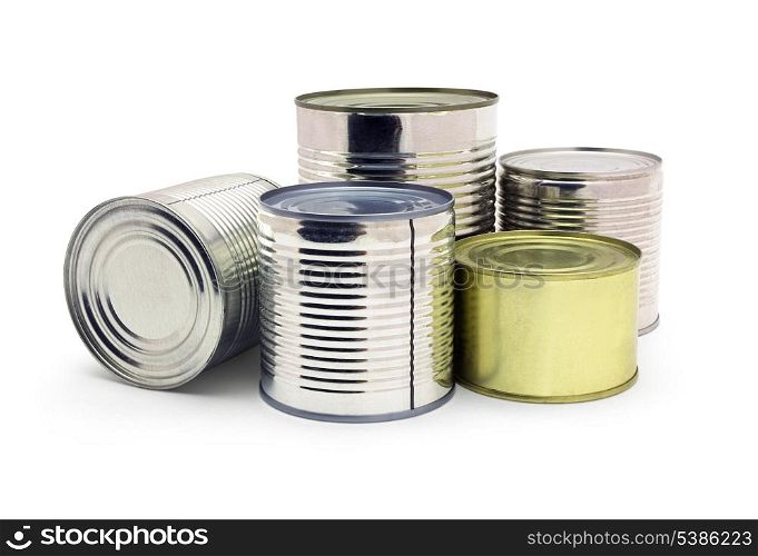 Group of food tin cans isolated on white