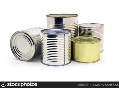 Group of food tin cans isolated on white