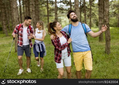 Group of four friends hiking together through a forest at sunny day