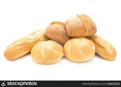 Group of fresh breads isolated on a white background in close-up.