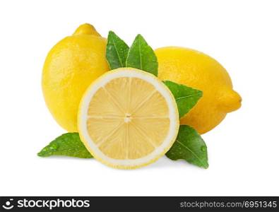group of fresh lemons with leaves isolated on white background