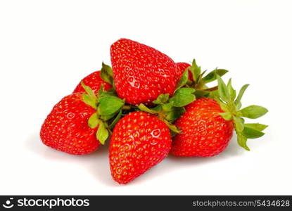 Group of fresh strawberries whith grean leaf on white