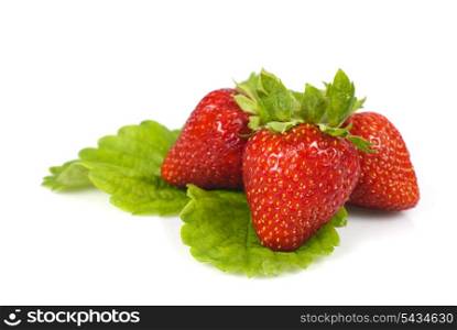 Group of fresh strawberries whith grean leaf on white