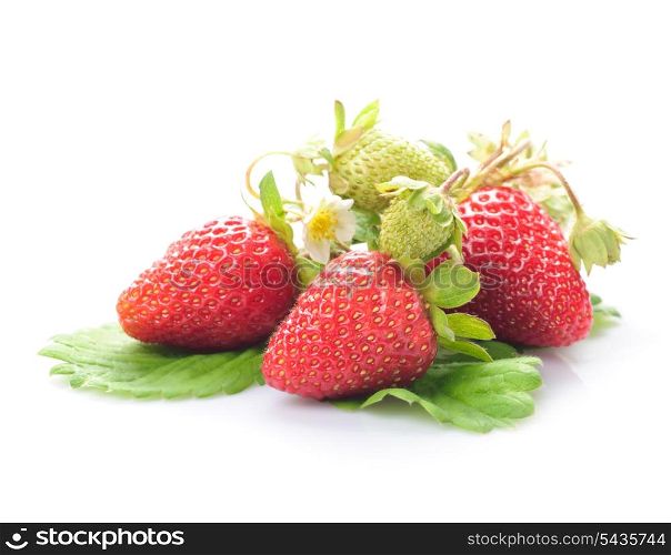Group of fresh strawberries whith green leaf on white