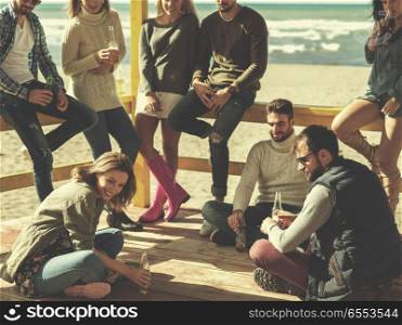 Group of friends having fun on autumn day at beach. Happy Group Of Friends Hanging Out At Beach House having fun and drinking beer on autumn day colored filter