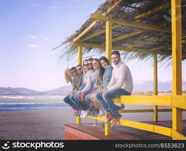 Group of friends having fun on autumn day at beach. Happy Group Of Friends Hanging Out At Beach House having fun and drinking beer on autumn day colored filter